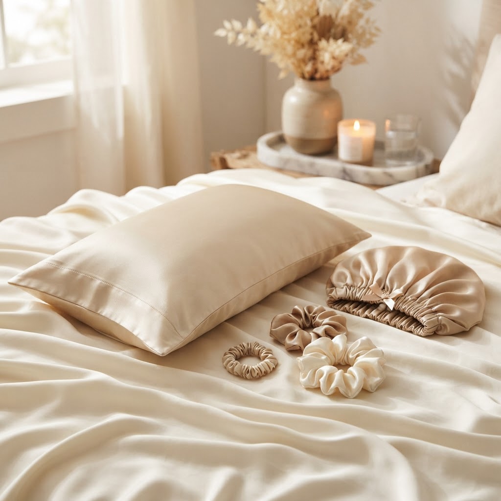 A champagne silk pillowcase, satin scrunchies and a sleep bonnet on ivory silk