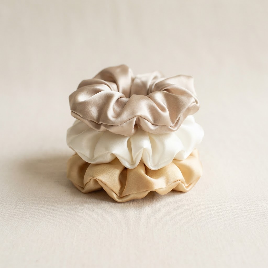 The Satin Scrunchie Trio in Champagne, Ivory & Gold