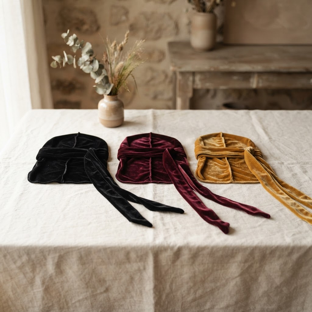 Three folded velvet durags in onyx, wine and gold on ivory linen
