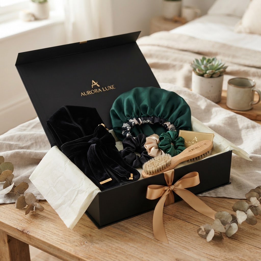An open gift box holding a durag, bonnet, scrunchies and an edge brush