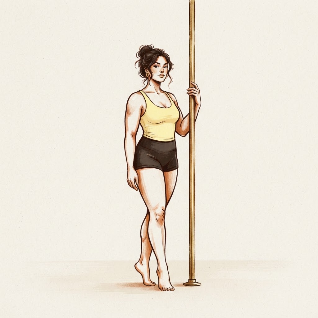 Illustration d'une élève en tenue de pole dance : débardeur, short et pieds nus