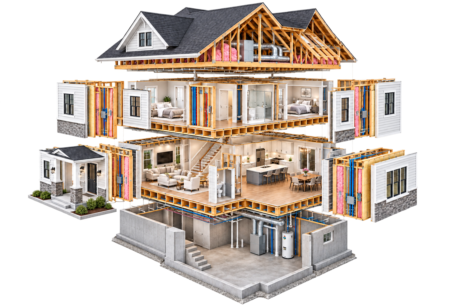 Exploded view of a home showing its roof, rooms, framing and foundation