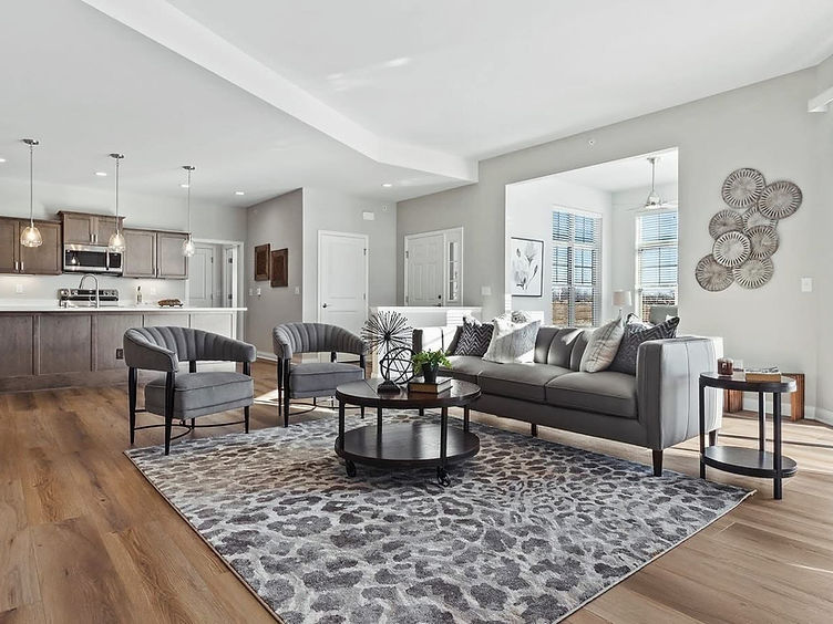 Living room with gray seating and a leopard rug