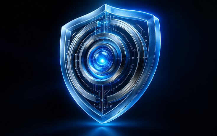Abstract render of a frosted glass shield made of silver rings with a blue glowing core