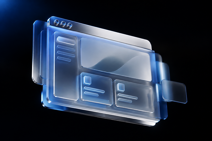 Abstract render of a layered glass website interface on a dark background
