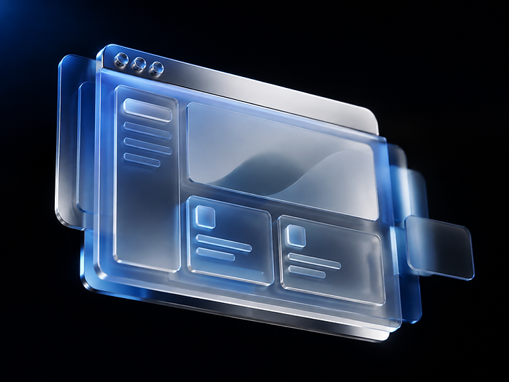 Abstract render of a glass website interface floating in a dark studio