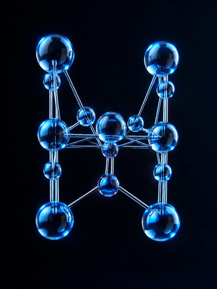 Abstract sculpture of a geometric H shape built from glass nodes and silver wires