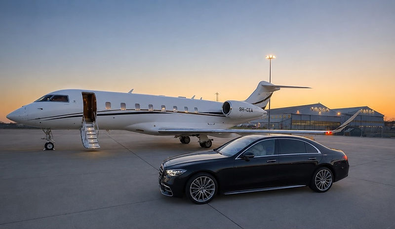 Mercedes-Benz S-Class parked beside a private jet at sunset