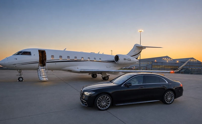 Mercedes-Benz S-Class parked beside a private jet at sunset
