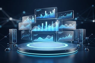 Floating glass analytics panels with dimensional charts and operational trends