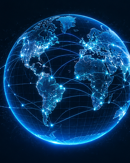 Holographic world map with glowing connections between global technology networks