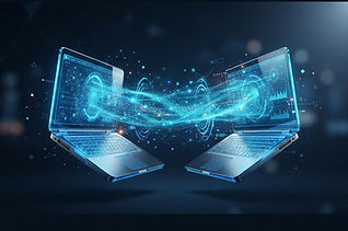 Two holographic laptops connected by a secure remote access tunnel