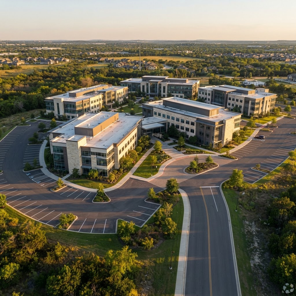 Aerial view of a commercial business campus at golden hour
