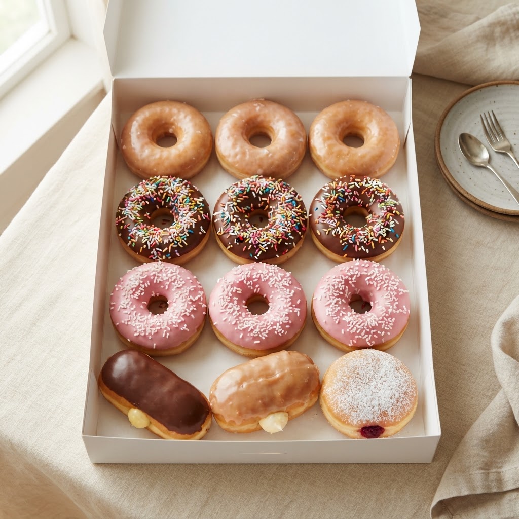 An open box of assorted fresh donuts