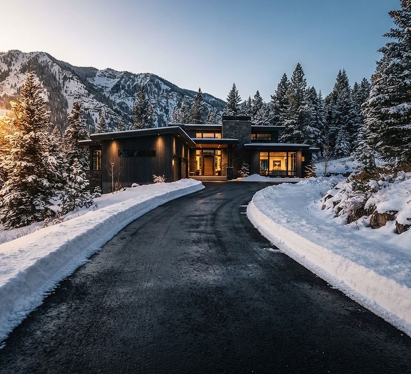 A freshly cleared driveway leading to a home at dawn