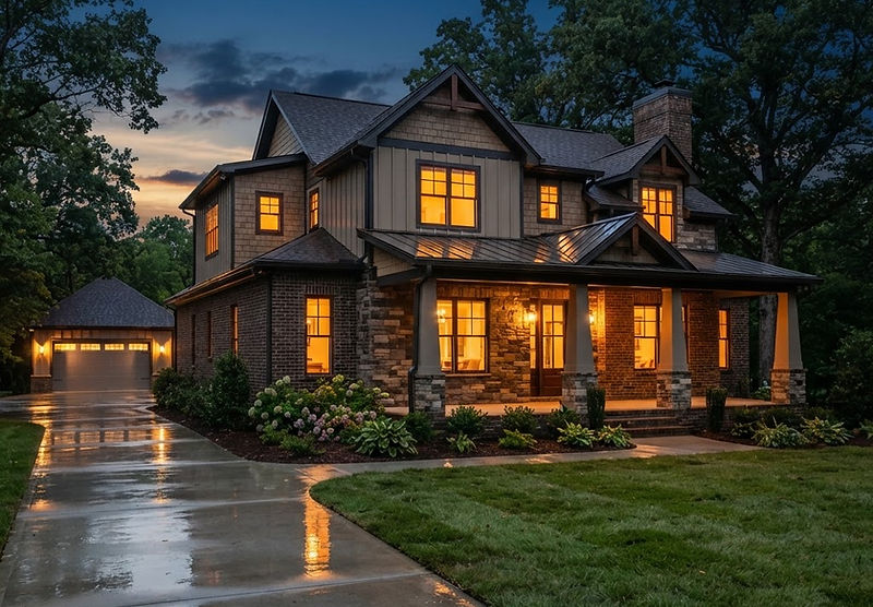Newly completed craftsman home at dusk with warm lighting in Clarksville, Tennessee