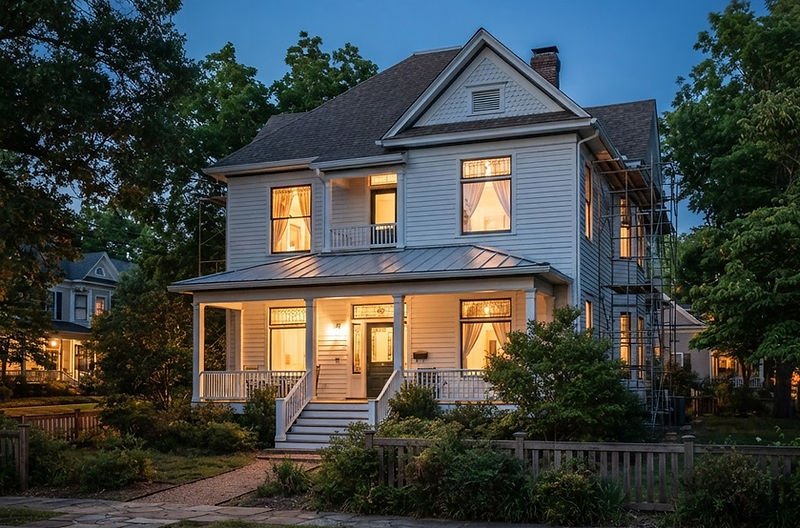 Historic white clapboard Tennessee home under renovation at dusk with warm lit windows
