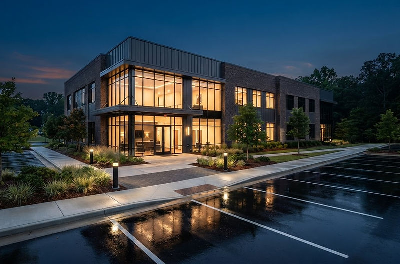 Modern commercial building with lit glass storefront at dusk in a Tennessee business park