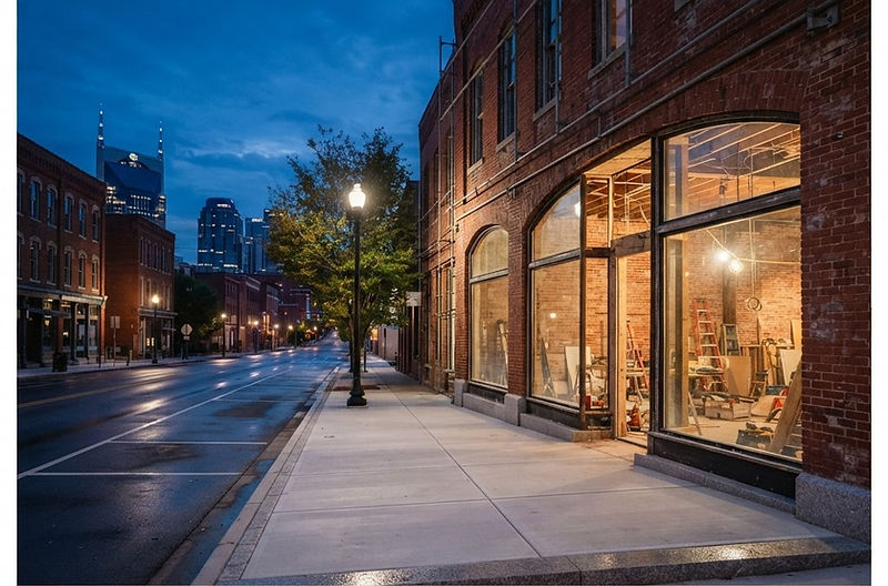 Brick Nashville storefront with large glass windows mid-renovation at dusk