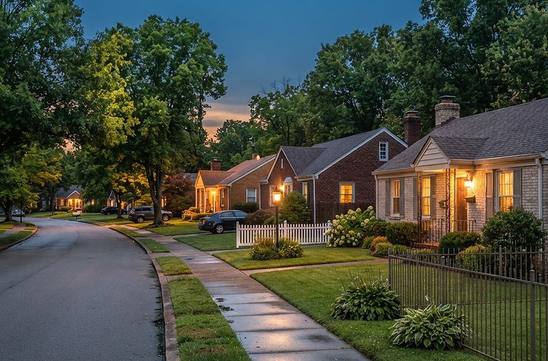 Tidy suburban Tennessee street at dusk with brick ranch homes and glowing porch lights
