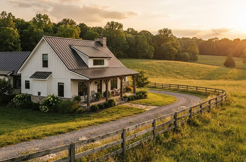 Rural Tennessee property at golden hour with a modern farmhouse, pasture and wooden fence line
