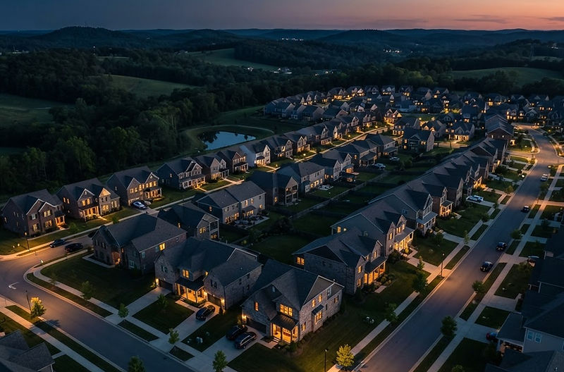Aerial dusk view of a Middle Tennessee residential neighbourhood with lit homes