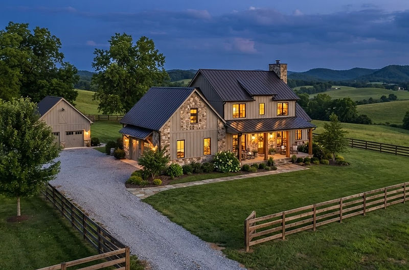 Modern farmhouse on acreage in Pleasant View, Tennessee at dusk with rolling hills behind