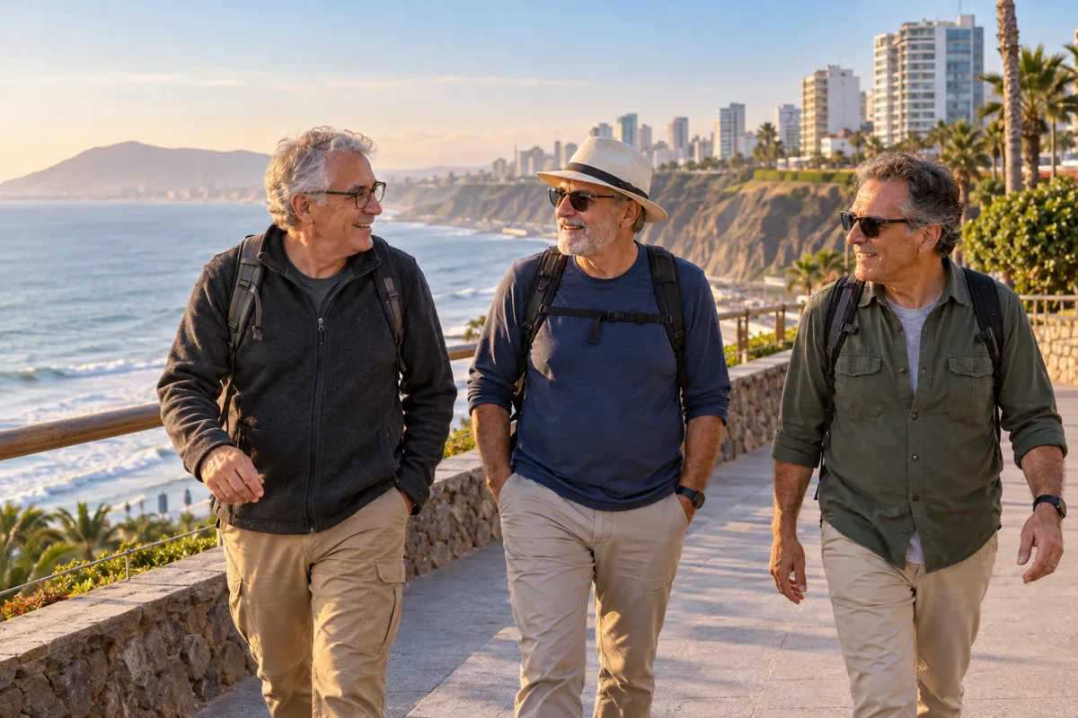מטיילים בוגרים ליד החוף — סצנה בדיונית