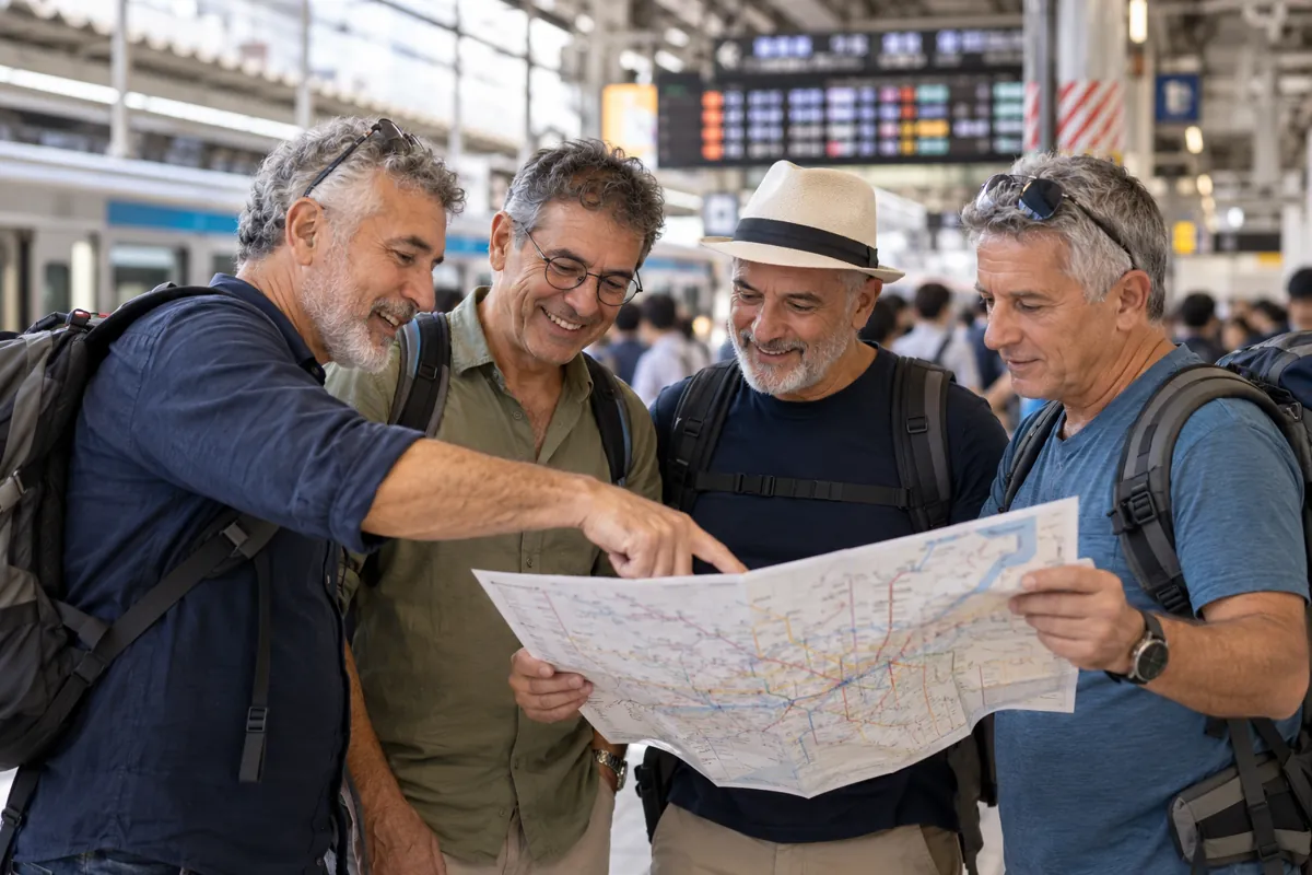 המחשת AI בדיונית: מתכננים נסיעה ברכבת בטוקיו, מטיילים בוגרים
