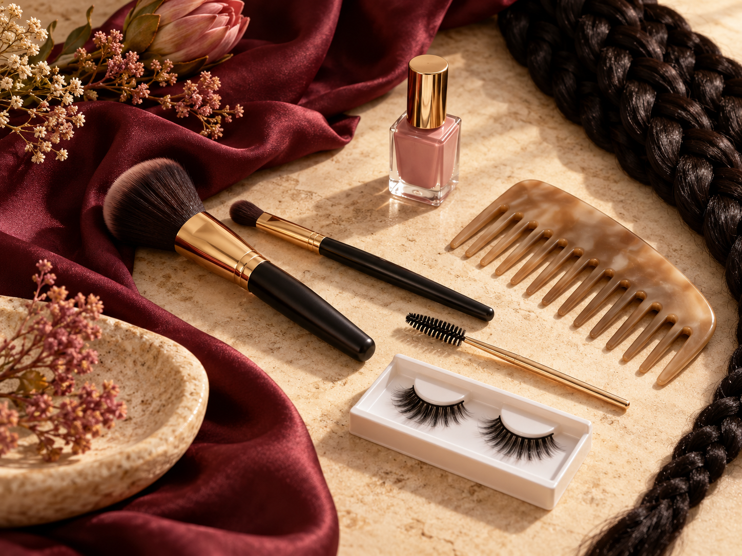 Beauty accessories arranged on warm ivory stone