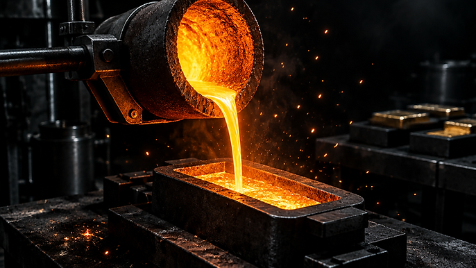 Molten gold poured from a crucible into an ingot mould