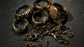 Antique gold rings and broken gold chains on a brushed metal surface