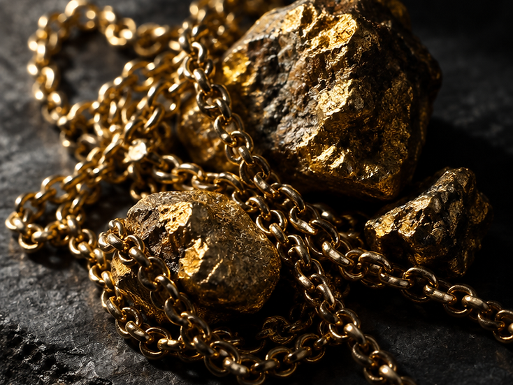 Gold chains, rings and coins on a dark surface