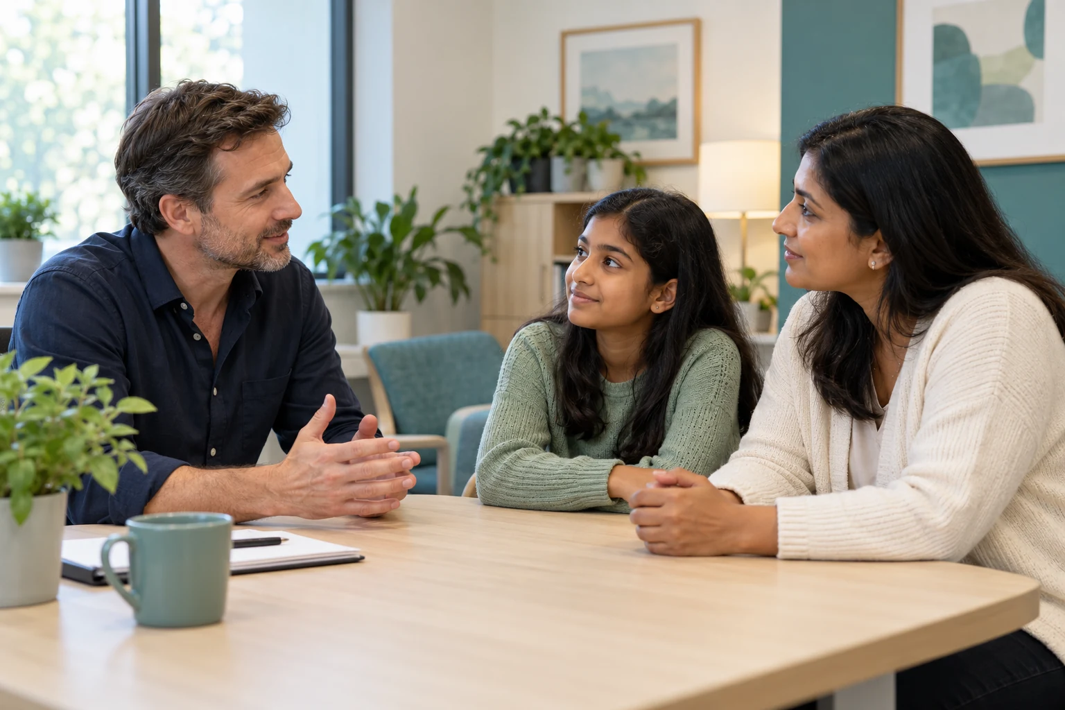 Illustrative specialist consultation with a parent and child