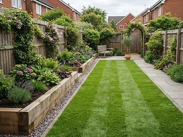 New lawn with sleeper raised beds and gravel