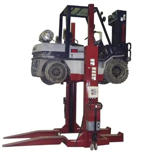 Red forklift attachment with forks