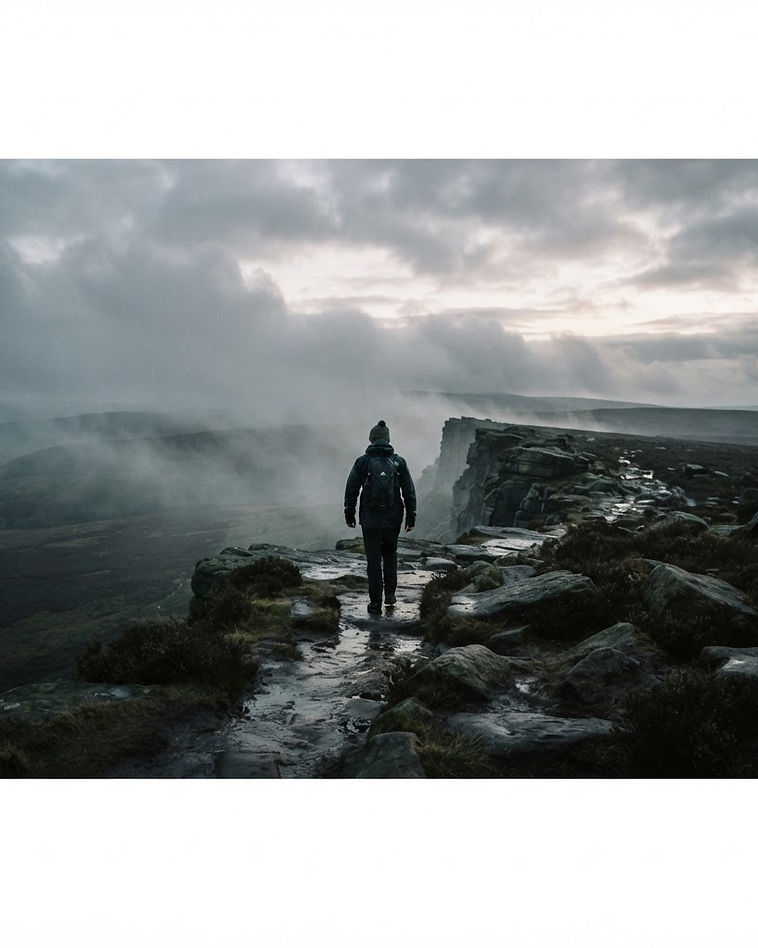 A walker on a windswept gritstone ridge in the Peak District at dawn