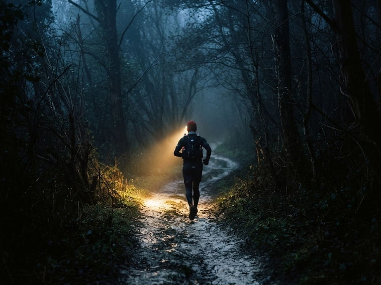 An ultrarunner on a trail at dusk with a headtorch