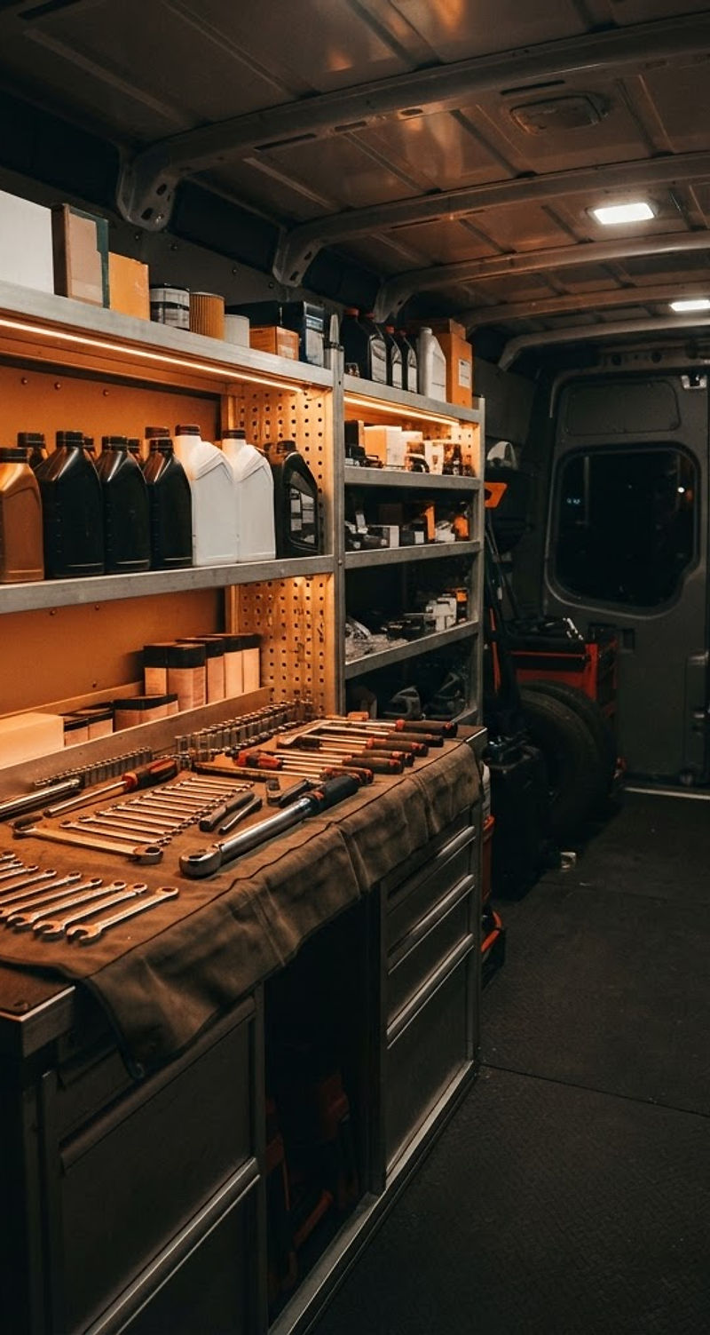 Inside the NoBay mobile service van, tools and filters ready for a job
