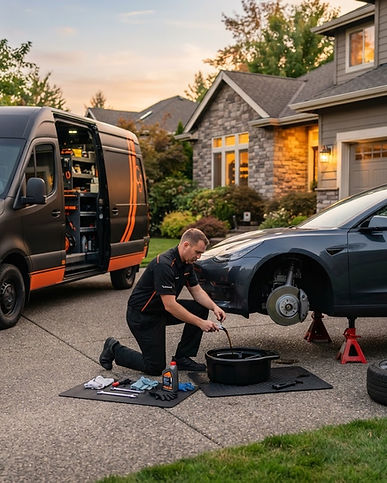NoBay mobile service van parked behind a car in a driveway during an oil change