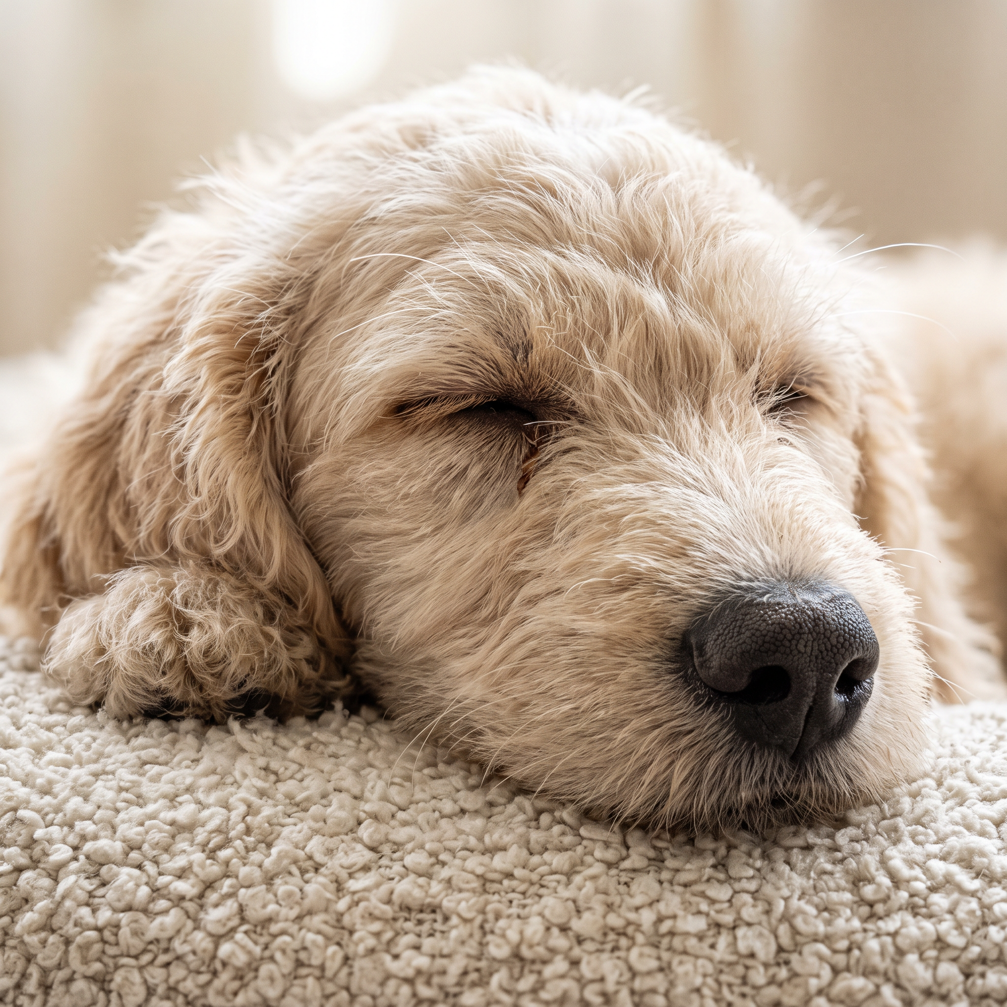 Close-up of a sleeping cream labradoodle puppy resting on a cream shag bed