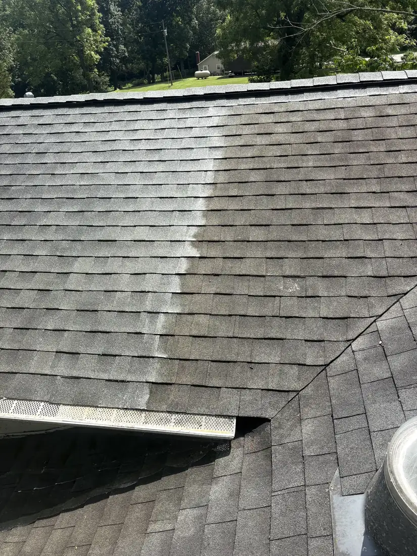 Roof shingles before and after soft washing, black algae streaks removed