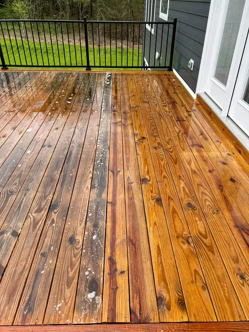 Wood deck before and after cleaning, half gray and weathered, half golden and restored