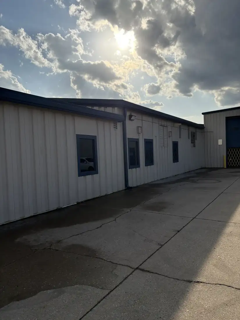Commercial metal building exterior after washing, clean