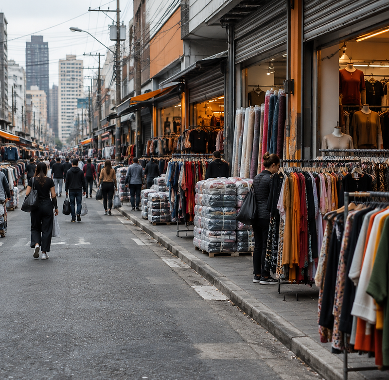 Rua comercial do bairro do Bom Retiro, em São Paulo, com vitrines e araras de roupas