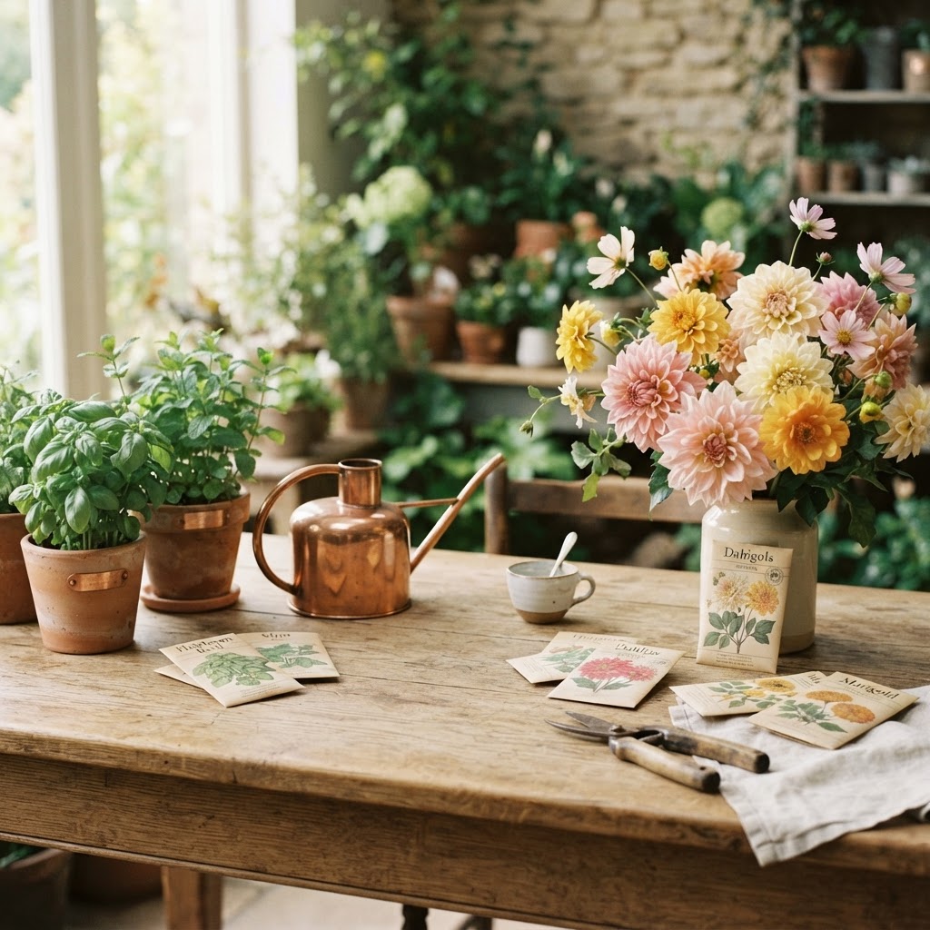 Terracotta herb pots, a copper watering can and cut dahlias on a sunlit garden table