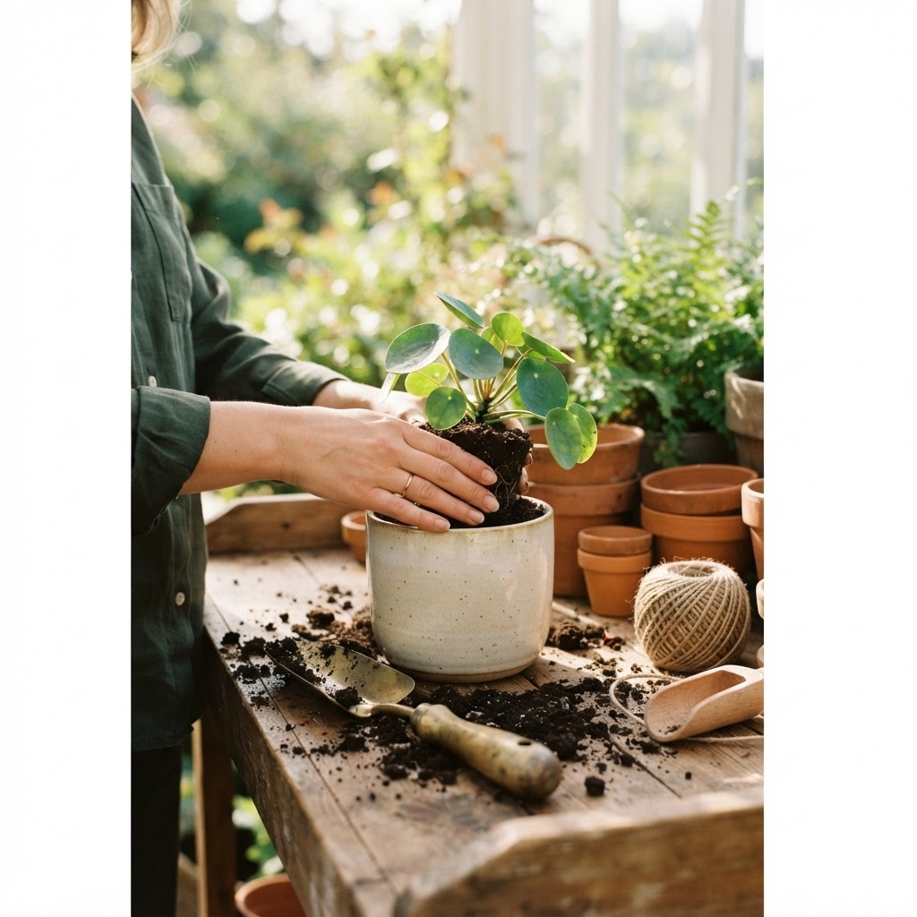 Hands repotting a small plant into a stoneware pot at a sunlit potting bench