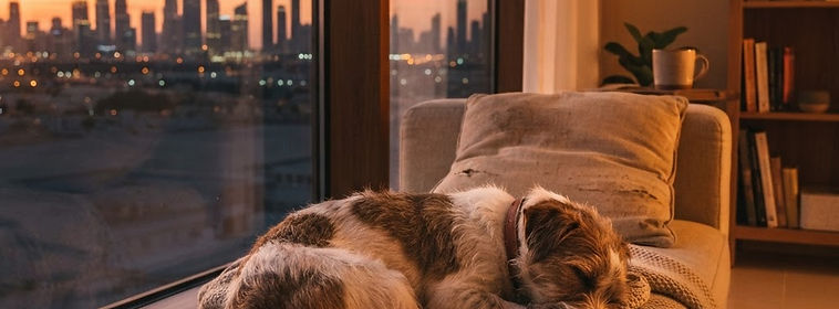 Dog asleep on a sofa beside a window overlooking Dubai