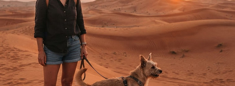 Dog at the edge of the Dubai desert near Al Qudra at sunset