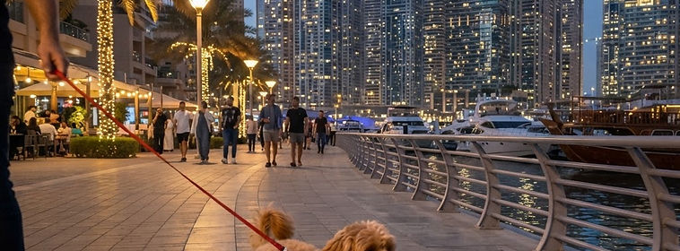 Small dog on a lead walking the Dubai Marina promenade at dusk